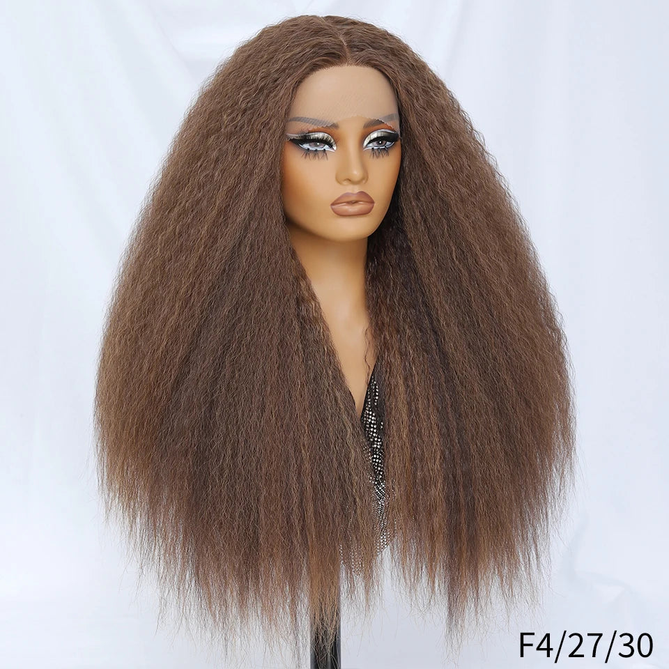 28 Inch Kinky Straight Lace Wigs Synthetic Black T Part Yaki Straight Lace Front Wigs For Women Brown Afro Wigs With Hair Line