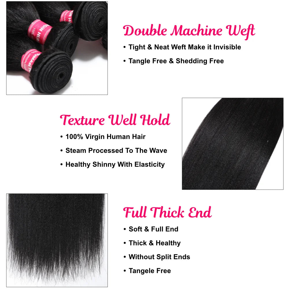 UNice Hair Yaki Straight Human Hair Bundles 100g Per Bundle 100% Human Hair Sew In Weaves 8-26 Inch Natutral Color 1/3/4 Bundles