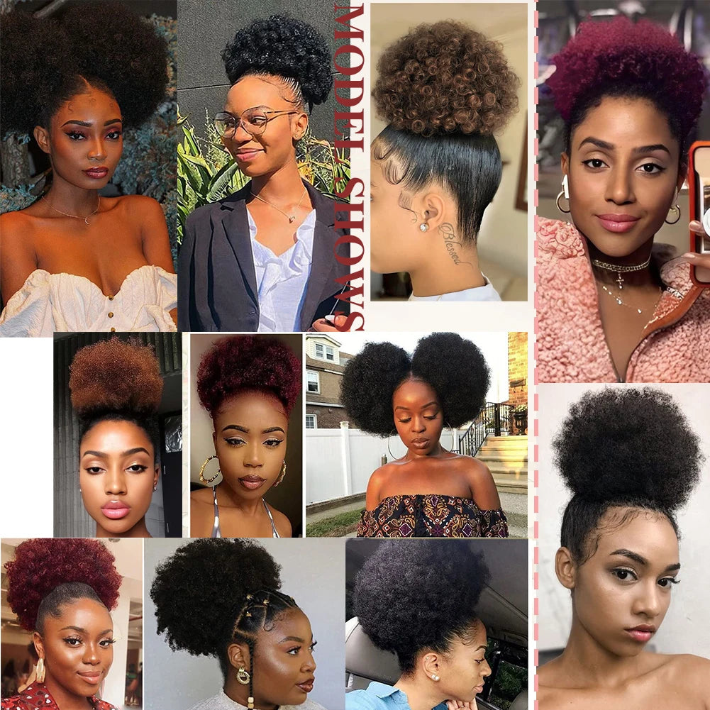 100% Human Hair Afro Kinky Puffs Drawstring Ponytail Extensions for Black Women 4# 99J 30# Kinky Curly Afro Puff Dount Chignon