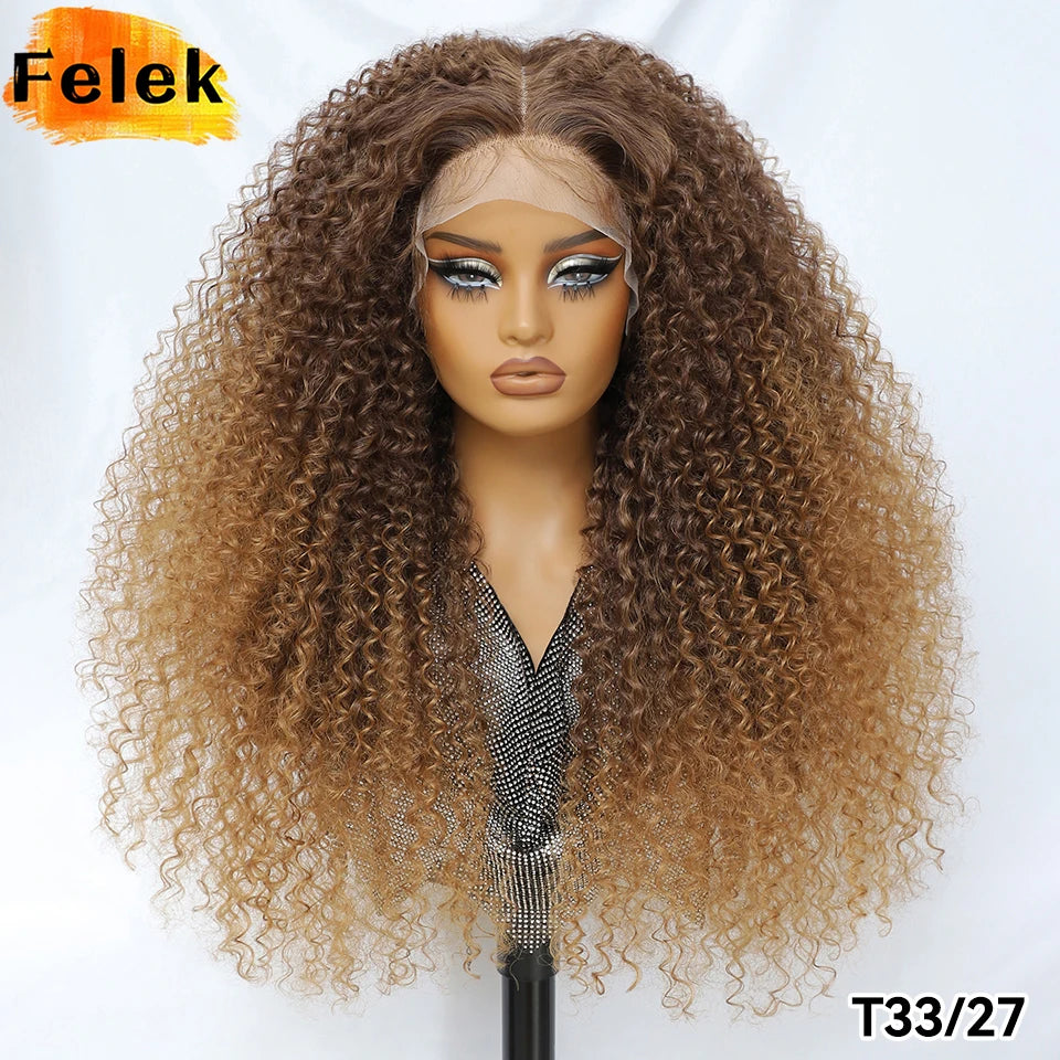Long Afro Kinky Curly Synthetic Wig 24 Inch Jerry Curl Deep Part Lace Front Wigs For Female Ombre Blue Copper 613 Highlight Wigs
