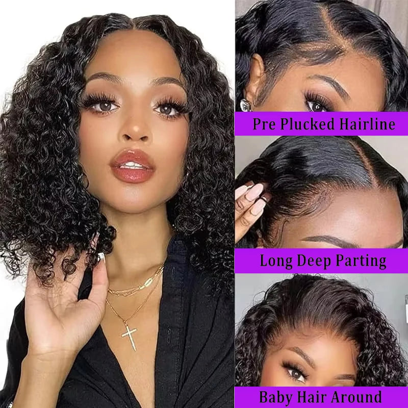 Deep Wave 13x4 Lace Frontal Bob Wig 200% Density Brazilian Pre Plucked 100% Human Hair Wigs #1B Water Wave Invisible Lace Wigs