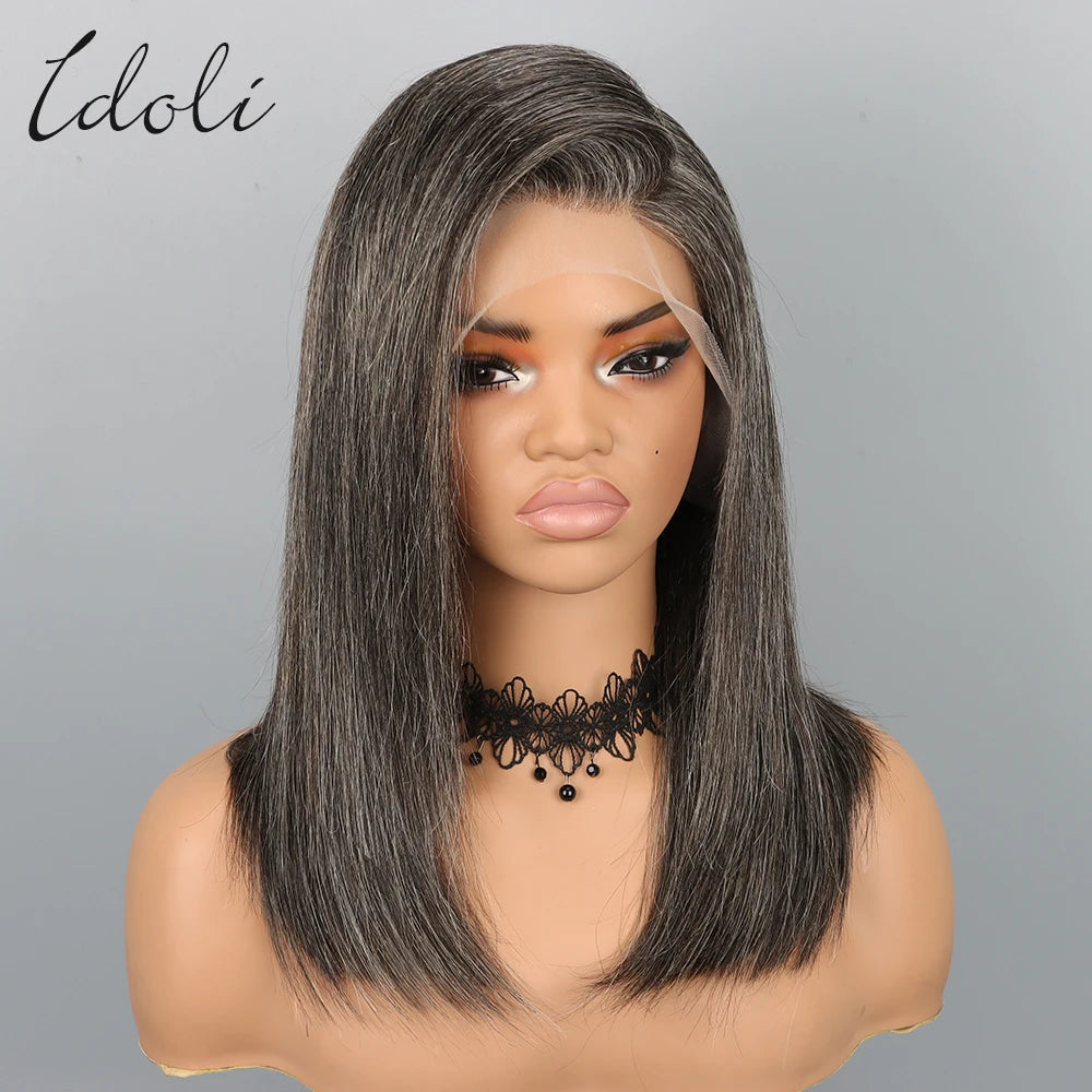 Salt and Pepper Grey Wigs Human Hair Bob Wig 13x4 Straight Lace Front Wigs Human Hair Natural Hairline Gray Human Hair Wig