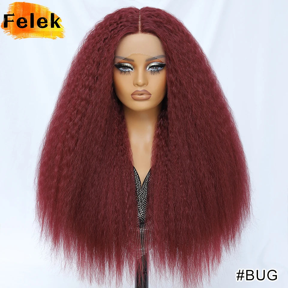 28 Inch Kinky Straight Lace Wigs Synthetic Black T Part Yaki Straight Lace Front Wigs For Women Brown Afro Wigs With Hair Line