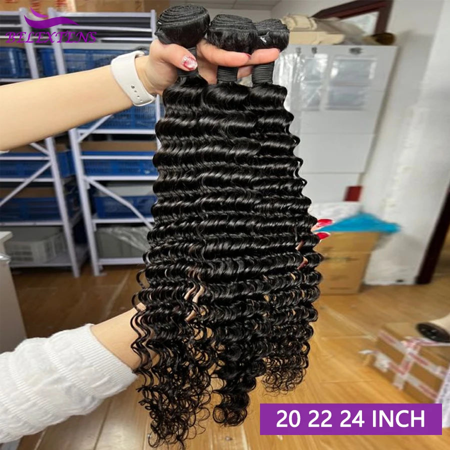20 22 24 inch Deep Wave Hair Bundles with Closures 12A Raw Hair Long Thick Deep Curly Human Hair Bundles with 4x4 Lace Closure