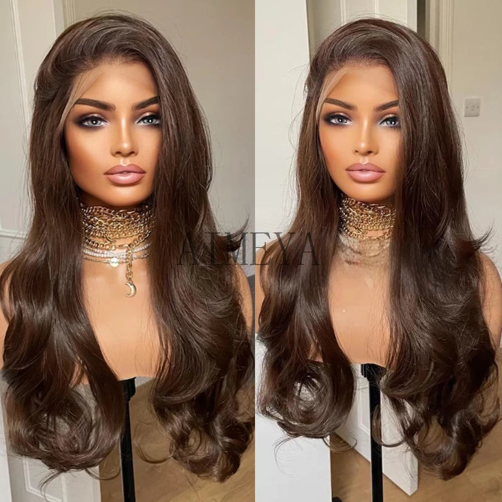 AIMEYA Long Brown Wigs for Women Synthetic Lace Wig Body Wave Lace Front Wigs Heat Resistant Cosplay Natural Hairline Daily Use