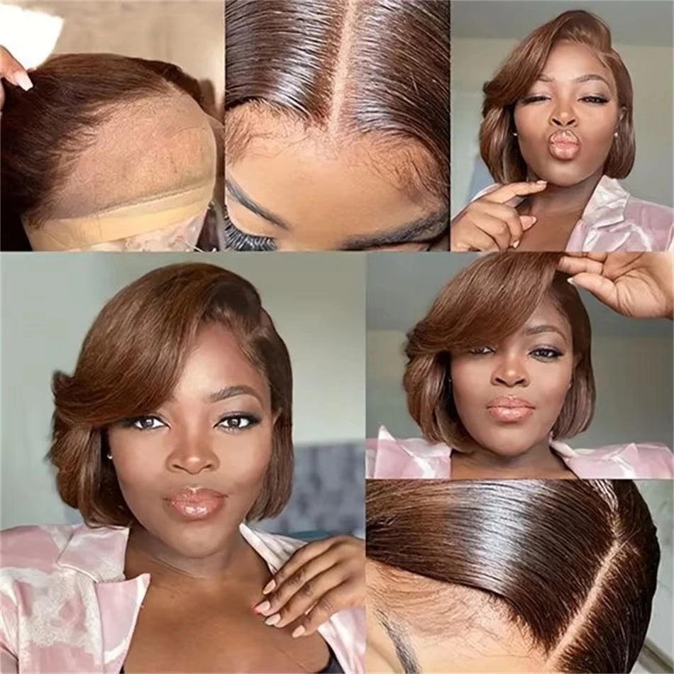 Ombre #1B Brown Short Pixie Cut Wigs For Women Human Hair 200% Straight Chocolate brown Lace Front Bob Wig Brazilian Remy Hair
