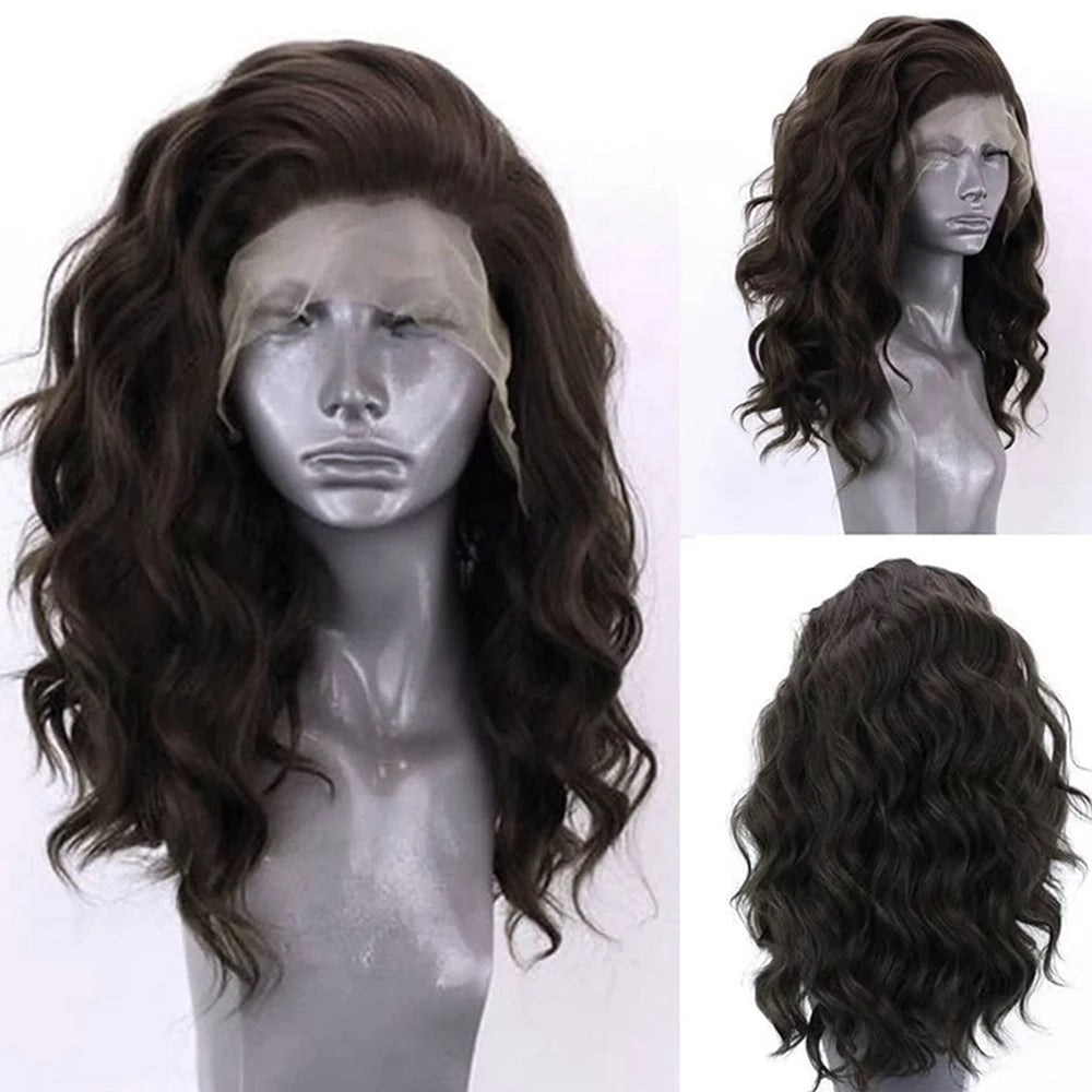 Dark Brown Lace Bob Wig Synthetic Lace Front Wigs for Women Loose Curly Wig Black Brown Wig Short Wig Natural Wave Daily Use
