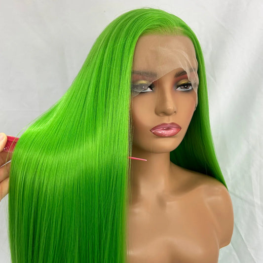 Long Silky Straight Synthetic Hair Free Part Glueless Pre Plucked Lime Green Colored 13X4 Lace Front Fiber Wigs for Women Party
