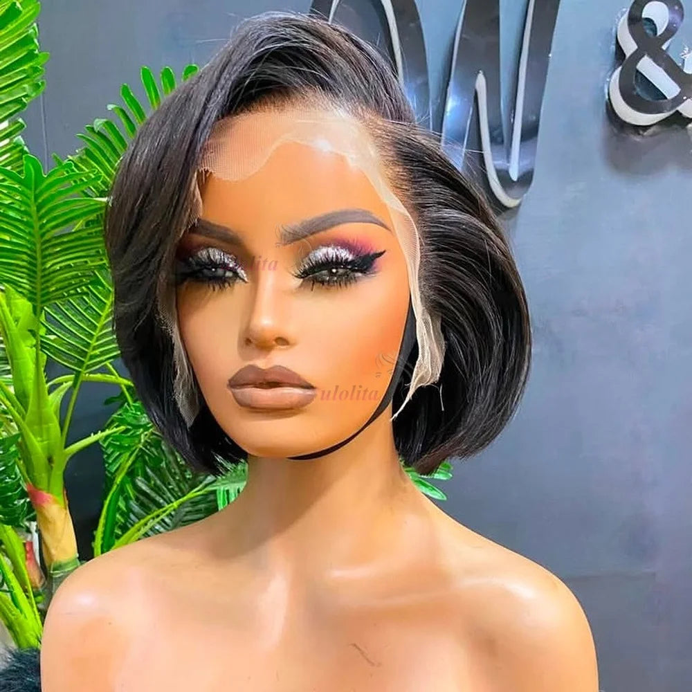 Ombre #1B Brown Short Pixie Cut Wigs For Women Human Hair 200% Straight Chocolate brown Lace Front Bob Wig Brazilian Remy Hair