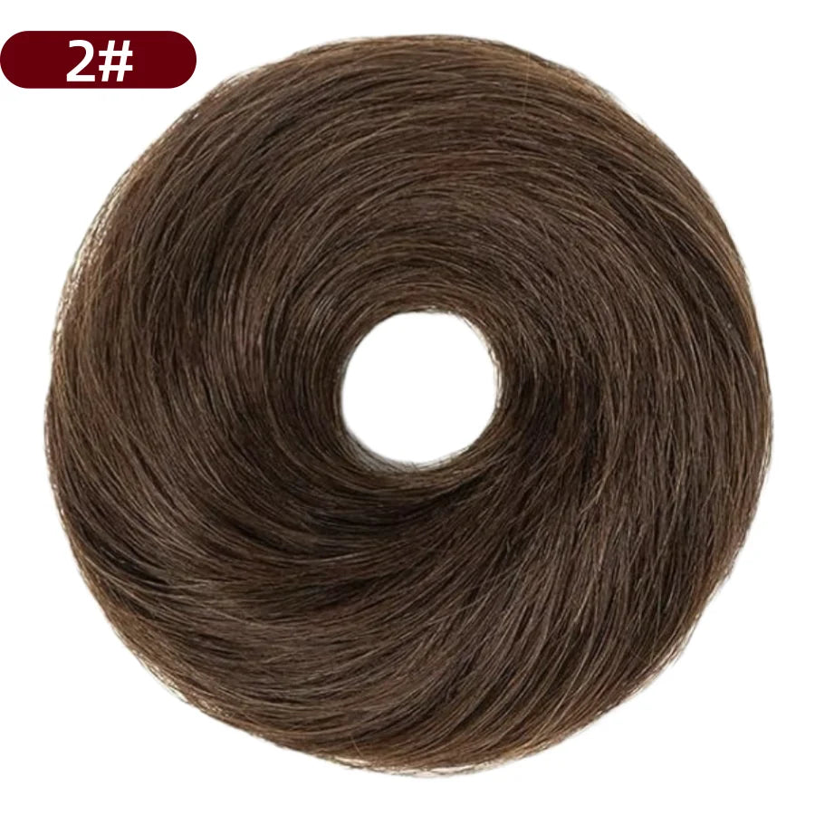 Messy Bun Hair Piece Human Hair Natural Black Wavy Tousled Stretchy Fluffy Donut Updo Elegant Chignon with Elastic Rubber Band