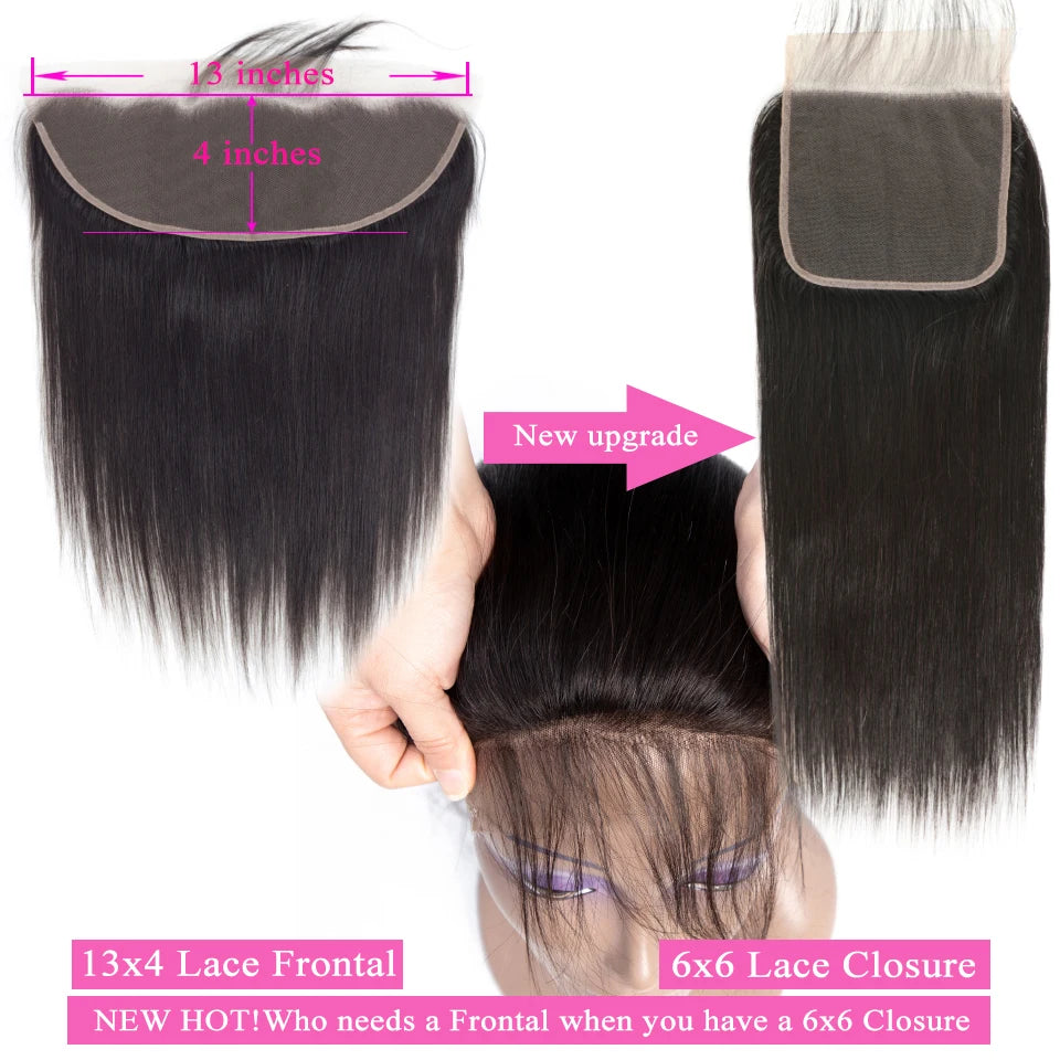 30 40inch Straight Human Hair Bundles with 5x5/6x6 Closure Brazilian Raw Bundles 100%Human Hair 13x4 Frontal Closure And Bundles