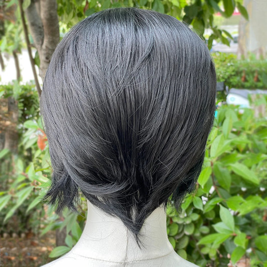 Widow‘s Peak Jet Black Synthetic Wigs for Men 13x4 Lace Front Wigs Short Bob Cut Cosplay Wigs for Women 150% Density Glueless