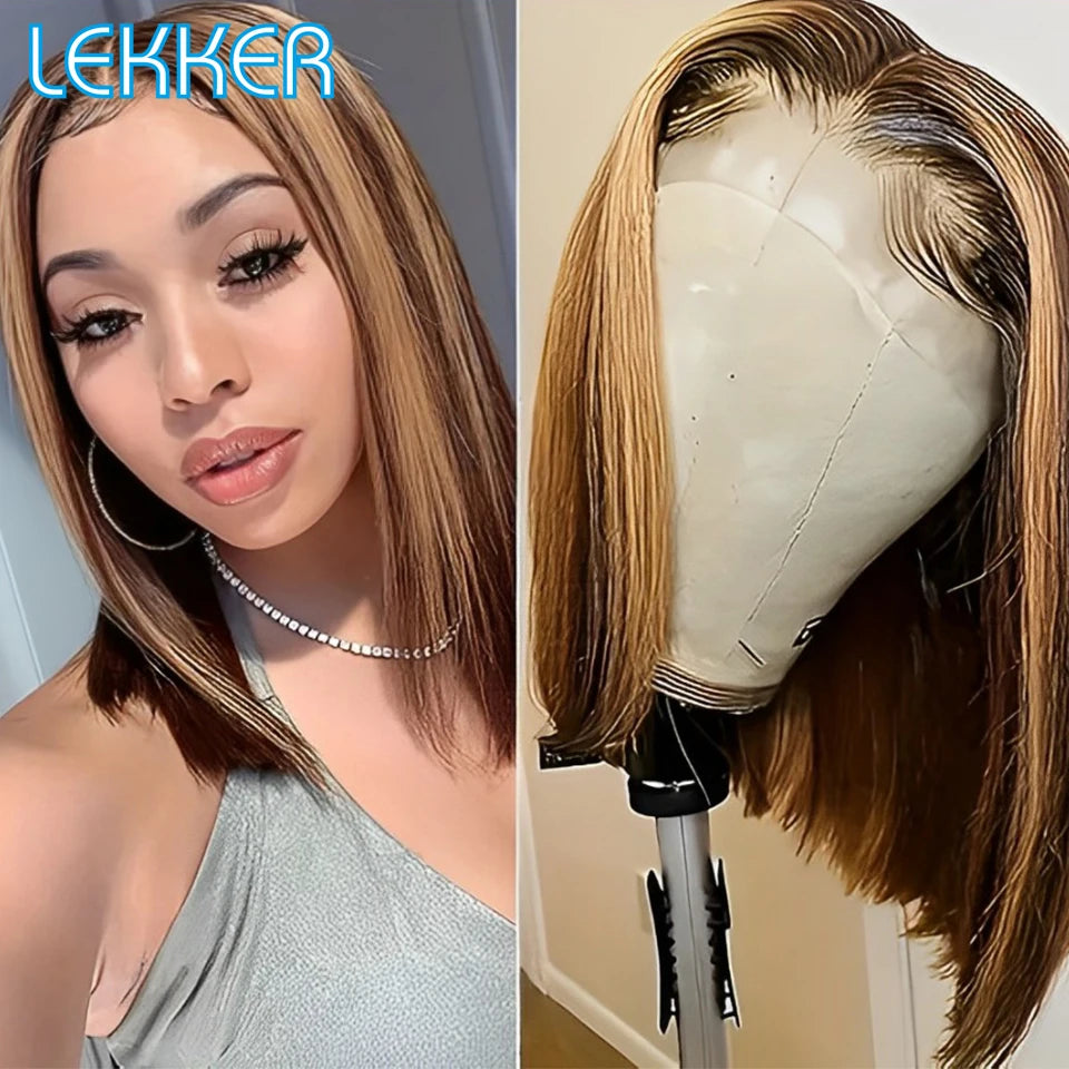 Lekker Highlight Blonde Short Straight Bob 13x6x1 Lace Front Human Hair Wigs For Women Brazilian Remy Hair Colored Glueless Wigs