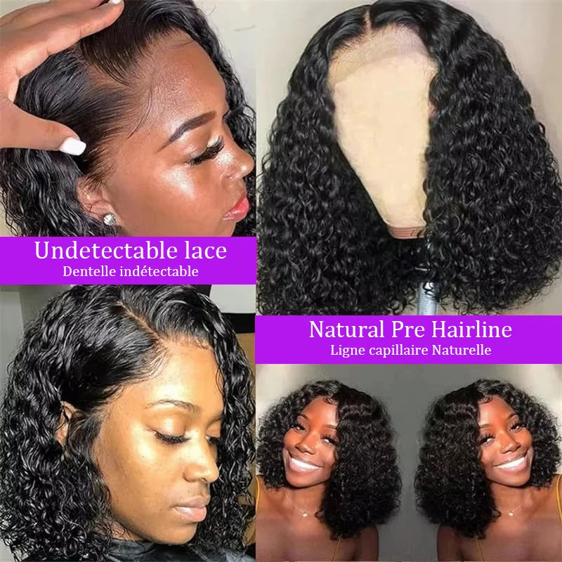 Deep Wave 13x4 Lace Frontal Bob Wig 200% Density Brazilian Pre Plucked 100% Human Hair Wigs #1B Water Wave Invisible Lace Wigs
