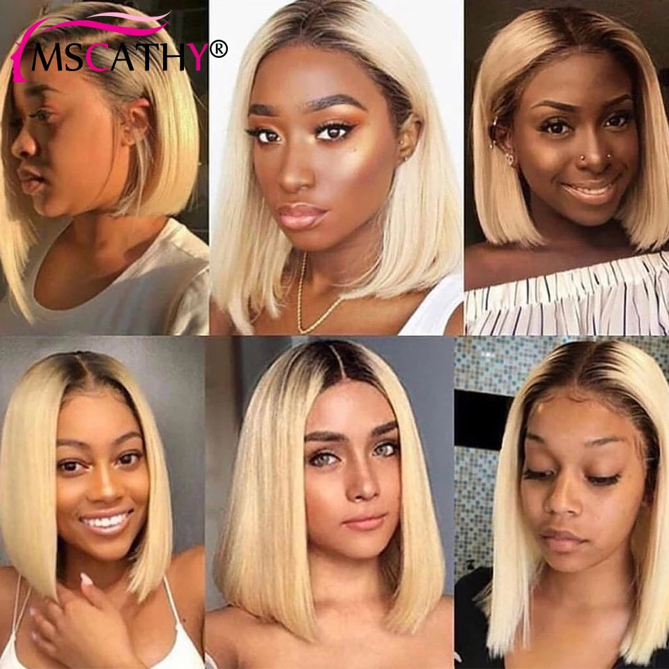 13x6 Blonde Ombre Human Hair Wigs For Women Short Straight Bob Lace Front Wig With Roots 13x4 HD Transparent Lace Remy Hair Wig