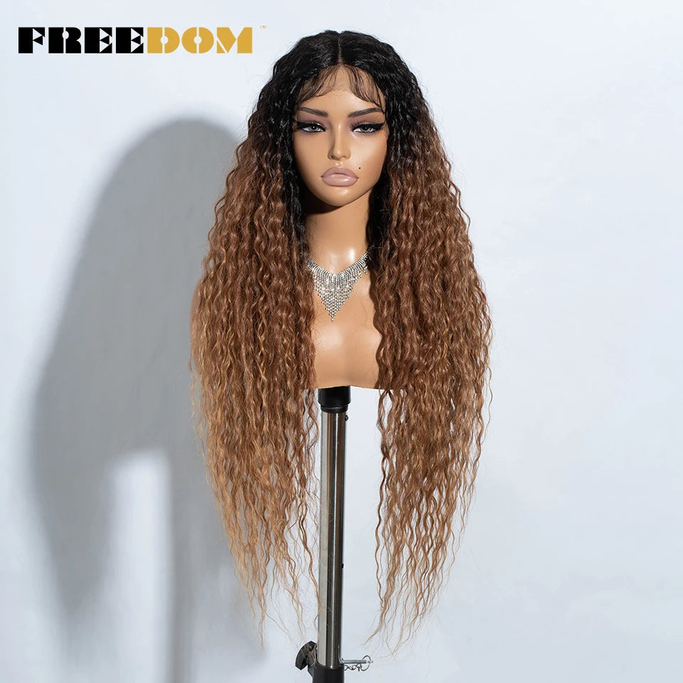 FREEDOM Synthetic Lace Front Wigs 34 Inch Super Long Curly Lace Wigs For Women Ombre Brown Lace Front Cosplay Wigs