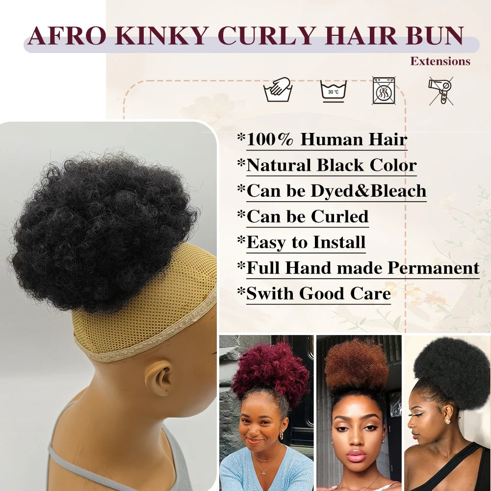 100% Human Hair Afro Kinky Puffs Drawstring Ponytail Extensions for Black Women 4# 99J 30# Kinky Curly Afro Puff Dount Chignon