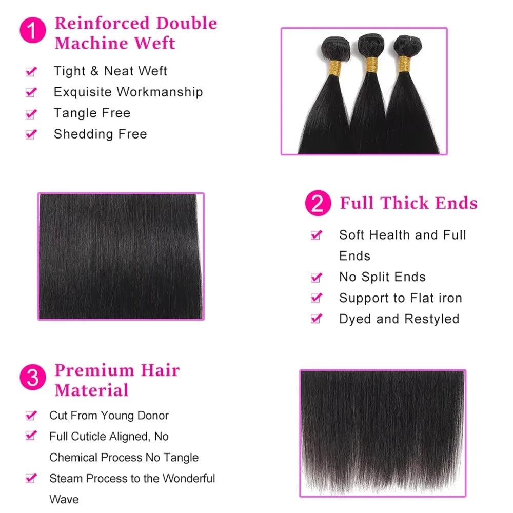 Straight Bundles With Closure Human Hair 10-30 Inch 100% Brazilian Extensions Natural Black Raw Hair With Hd Glueless Closure