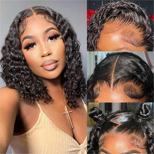 200 Density Deep Wave 13x4 Lace Front Human Hair Wigs Brazilian 100% Human Hair Pre Plucked Kinky Curly Short Bob Wigs For Women