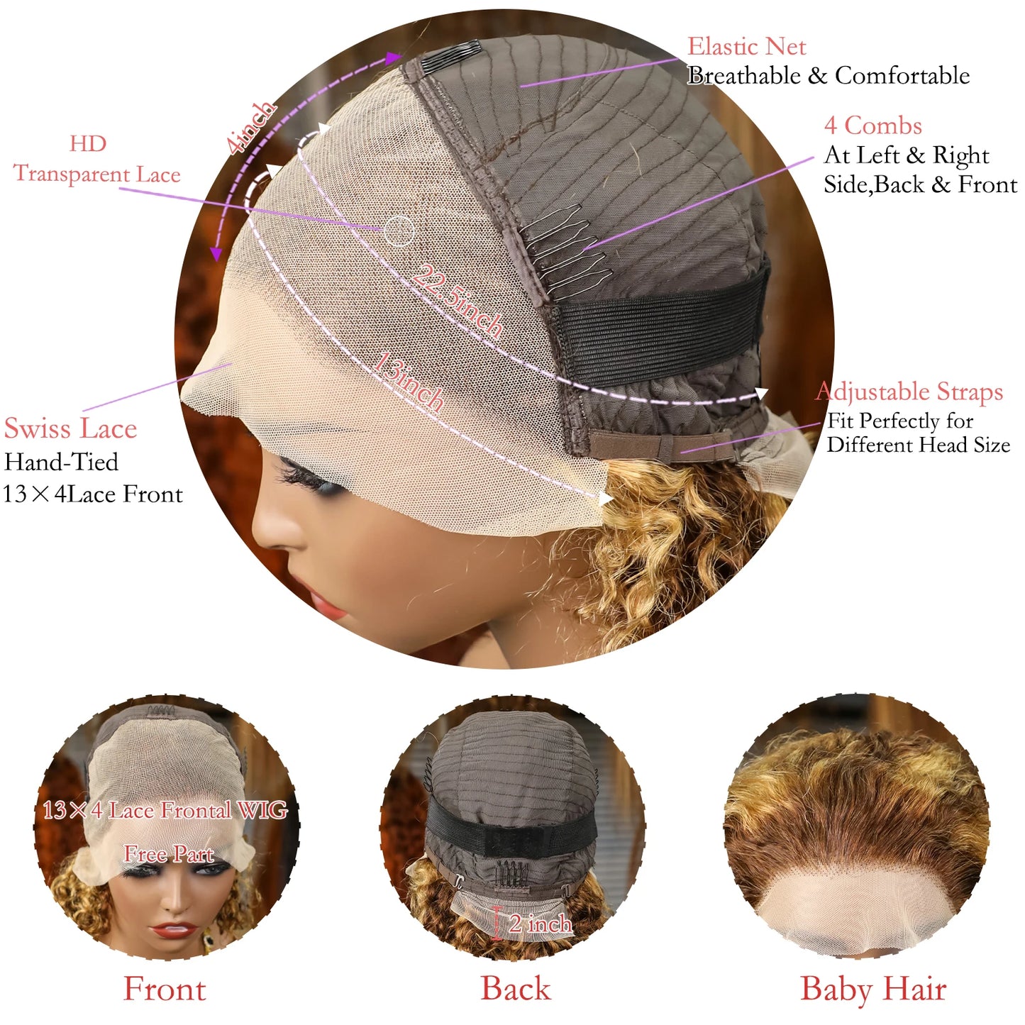 4/27 Highlight Curly Wigs Short Bob Wig Human Hair Brazilian Water Wave Ombre Blonde Color 13x4 Full Lace Frontal Wig For Women