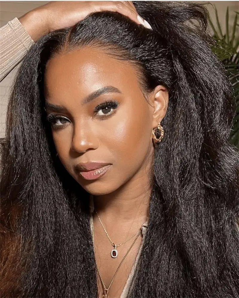 Kinky Straight Human Hair Wig 13X4 Kinky Straight Wig Human Hair  PrePlucked With Baby Hair Yaki Straight Lace Front Wigs