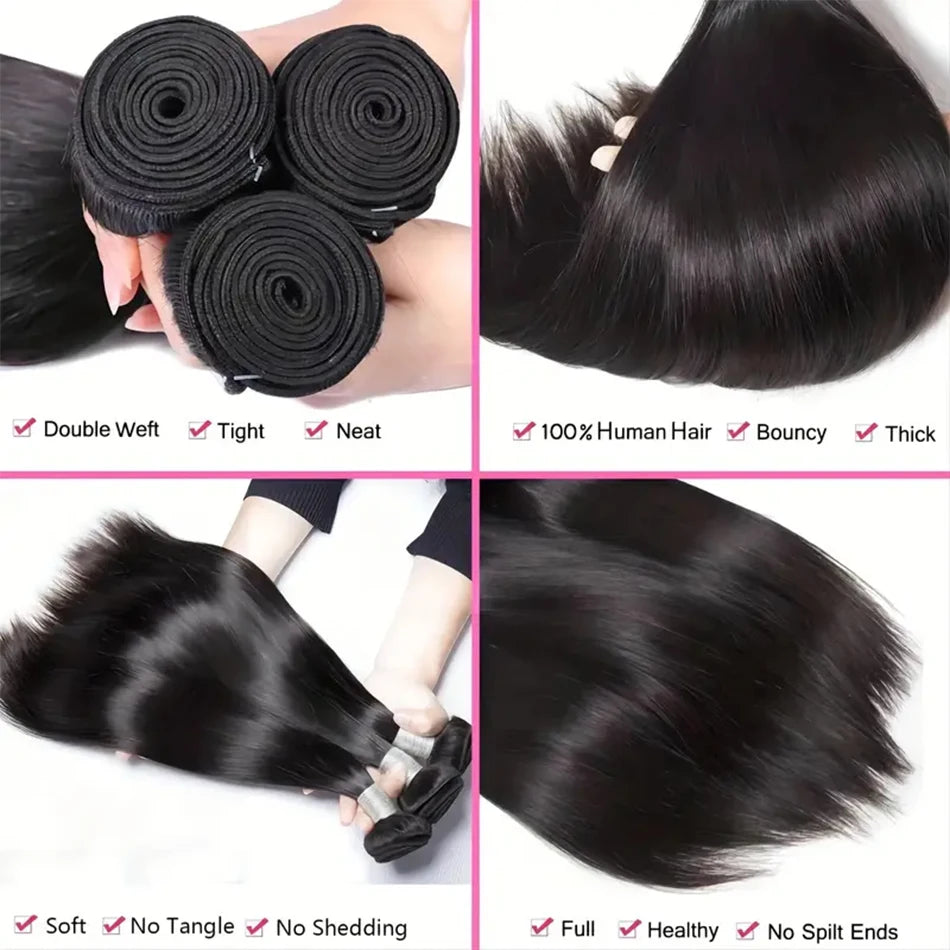 Brazilian 30 Inch Raw Virgin Unprocessed 100% Human Hair Extensions Bone Straight 1 3 4 Bundles Deal Double Weft  For Women 100g