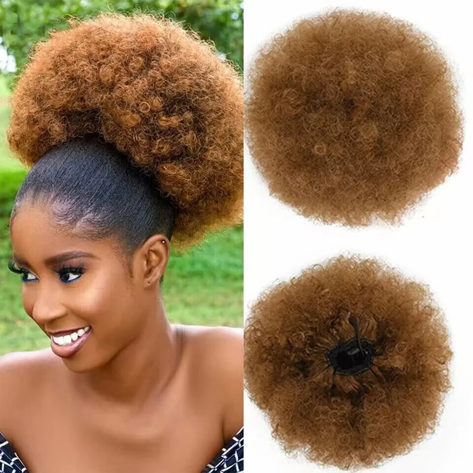 100% Human Hair Afro Kinky Puffs Drawstring Ponytail Extensions for Black Women 4# 99J 30# Kinky Curly Afro Puff Dount Chignon
