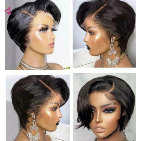 200% Pixie Cut Short Bob Wig Bone Straight Brazilian Hair Pixie Cut Wig Side Part 13x4 Hd Transparent Lace Front Human Hair Wigs