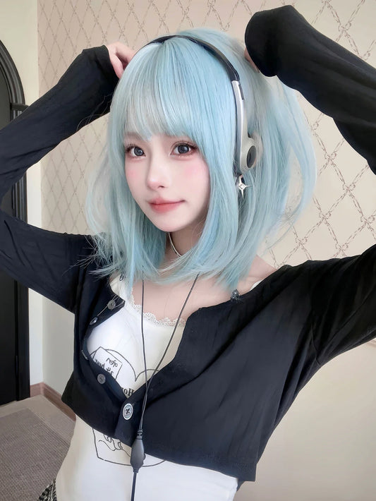 16Inch Lolita Ice Blue Synthetic Lolita Wig With Bang Medium Natural Straight Hair Wigs for Women Daily Cosplay Heat Resistant