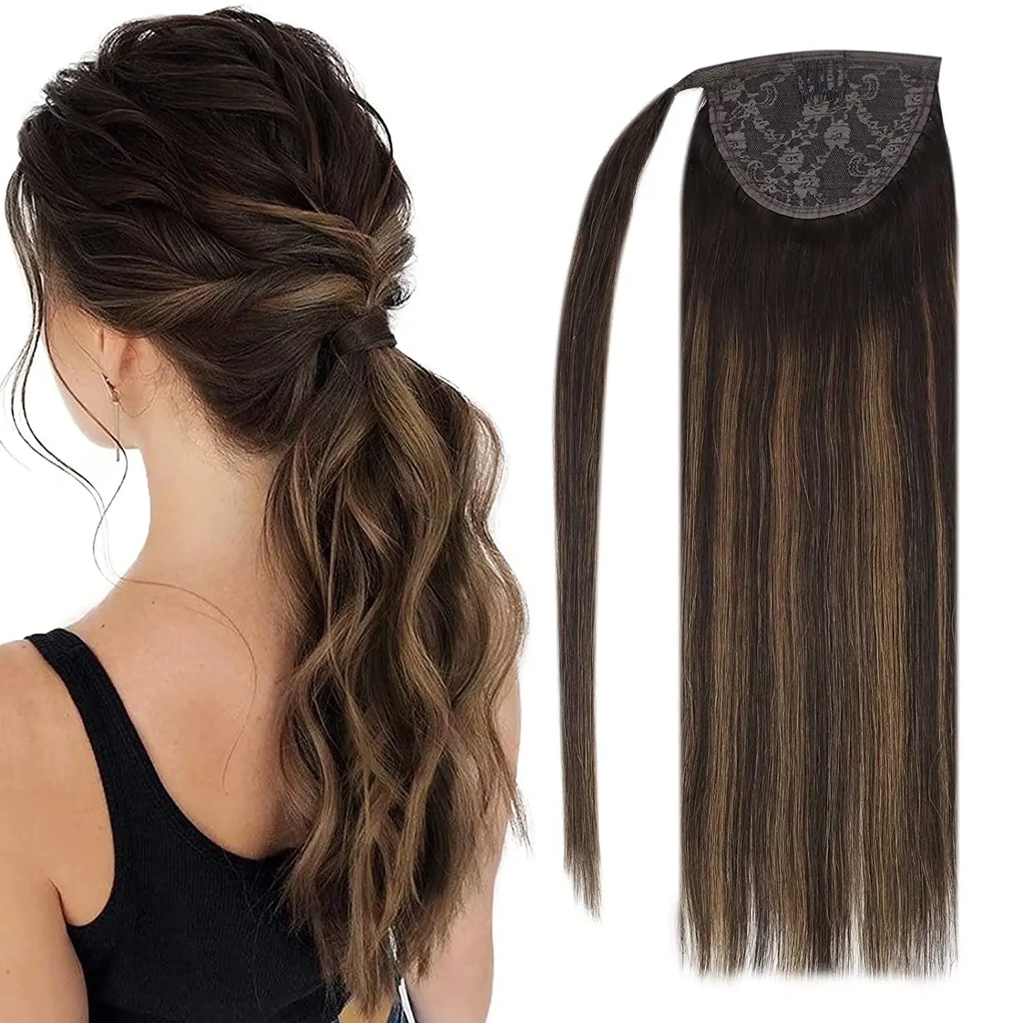 VeSunny Ponytail Human Hair Straight 80g Clip in Hair Extensions Human 14-22" Natural Hair Horse Tails No Claw Clip