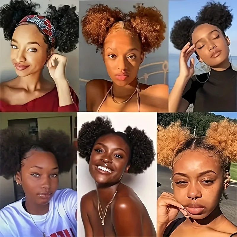 Afro Kinky Puffs 100% Human Hair Buns Ponytail 12A Brazilian Short Curly Drawstring Ponytail Extensions For Black Women