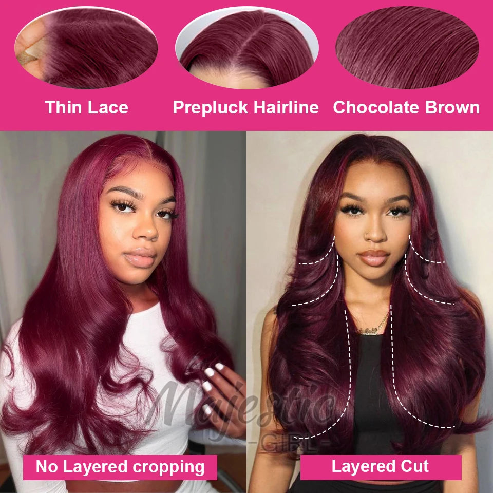 250 Density Dark Burgundy 9x6 Glueless Wigs Human Hair Ready To Wear Brazilian Colored Layer Cut Body Wave Wig Pre Cut Lace