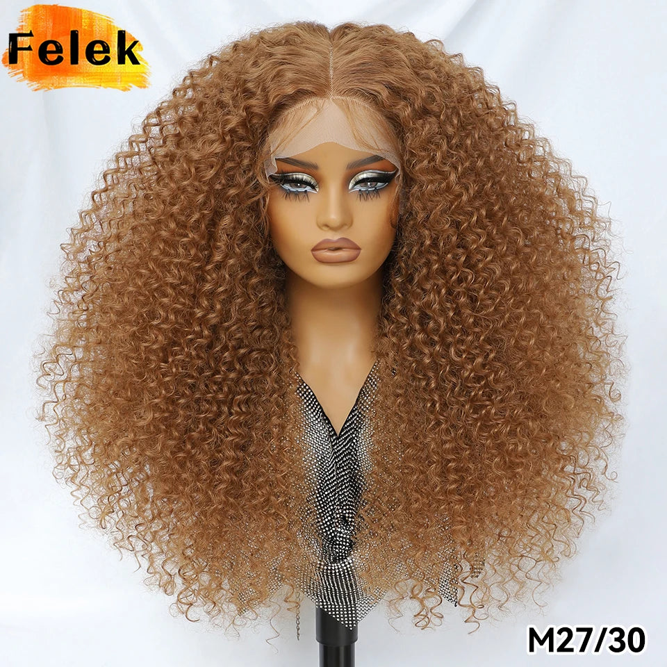Long Afro Kinky Curly Synthetic Wig 24 Inch Jerry Curl Deep Part Lace Front Wigs For Female Ombre Blue Copper 613 Highlight Wigs