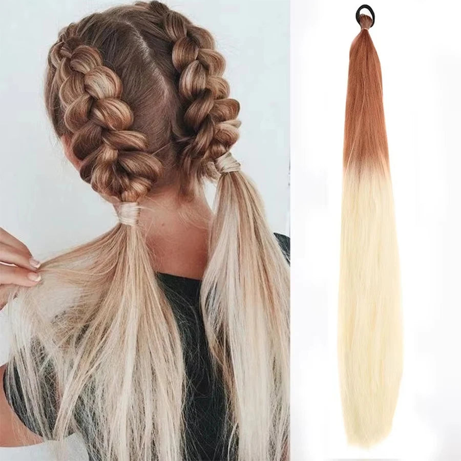 2PCS 26Inch Synthetic Long Straight Ponytail with Elastic Hair Colorful Braiding Hair Ponytail Hair Extensions Hair Accessories