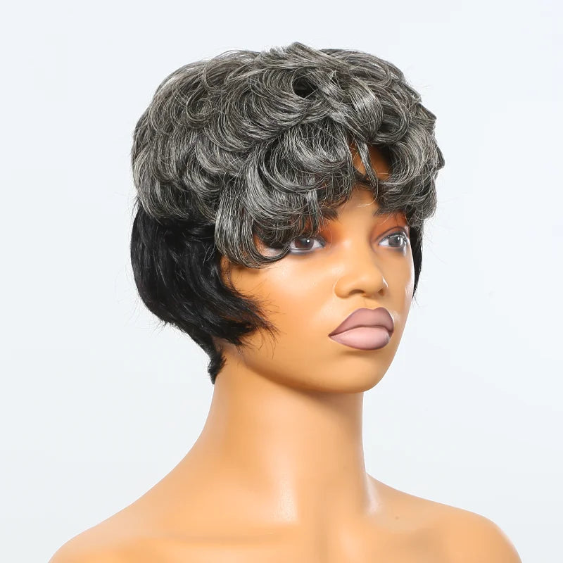 Salt And Pepper Bob HD 5X5 Glueless Human Hair Wigs Ready To Go Half Black Of Back Edgy Pixie Cut Wig With Natural Wave Bang