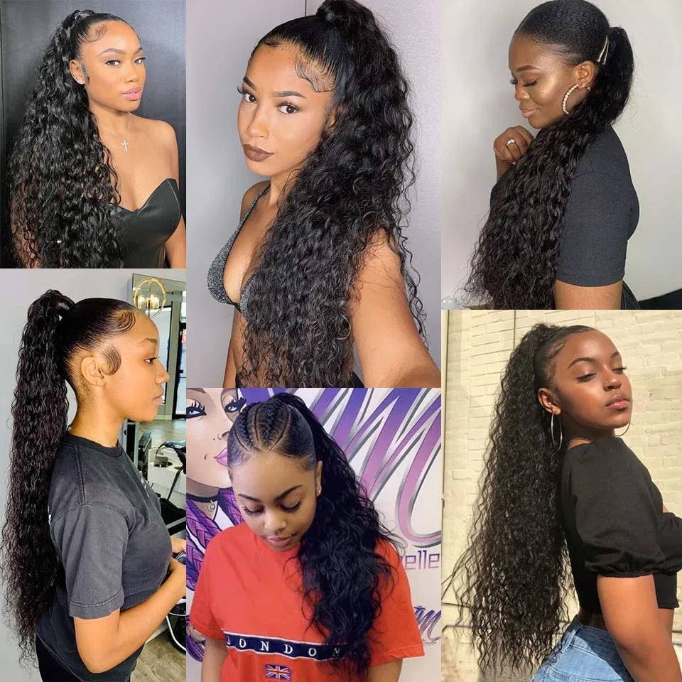 100-150g Water Wave Drawstring Ponytail Human Hair Extensions Brazilian Natural Hairpiece With Clip Ins Wavy Remy Pony Tail