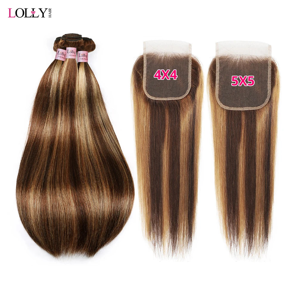Brazilian P4/27 Highlight Bundles With Closure 4x4 5x5 Transparent Lace Closure With Straight Bundles 3/4 Bundles Human Hair