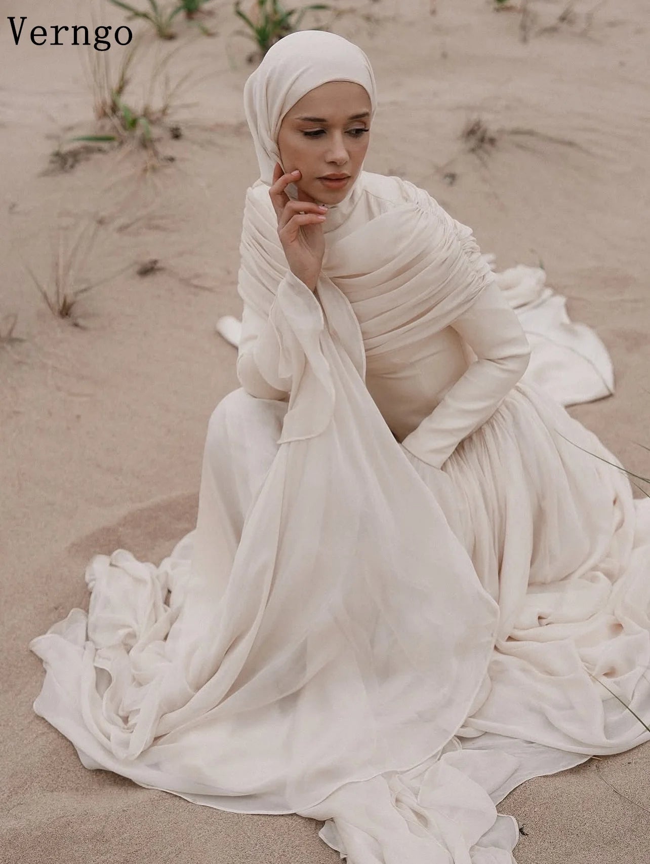 Verngo Modest Bridal Gowns HIgh Neck Full Sleeves Wedding Dresses Women Arabic Classy Bride Dresses Custmized
