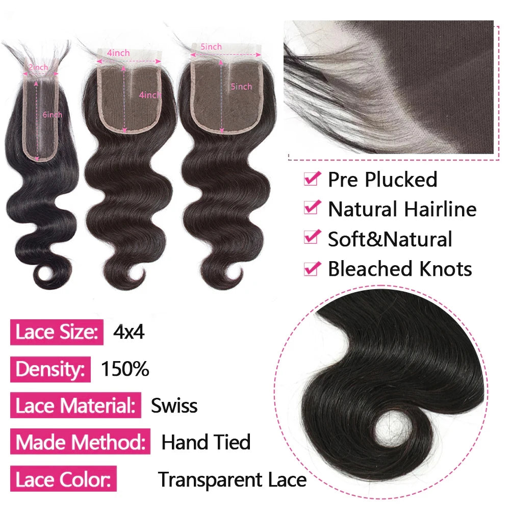 24 Inch Body Wave Closure 4x4 5x5 Transparent Lace Closure Human Hair PrePlucked Baby Hair 2x6 HD Lace Closure 3-5 Days Delivery