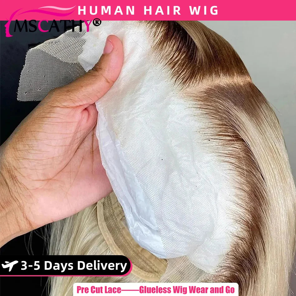 13x6 Blonde Ombre Human Hair Wigs For Women Short Straight Bob Lace Front Wig With Roots 13x4 HD Transparent Lace Remy Hair Wig