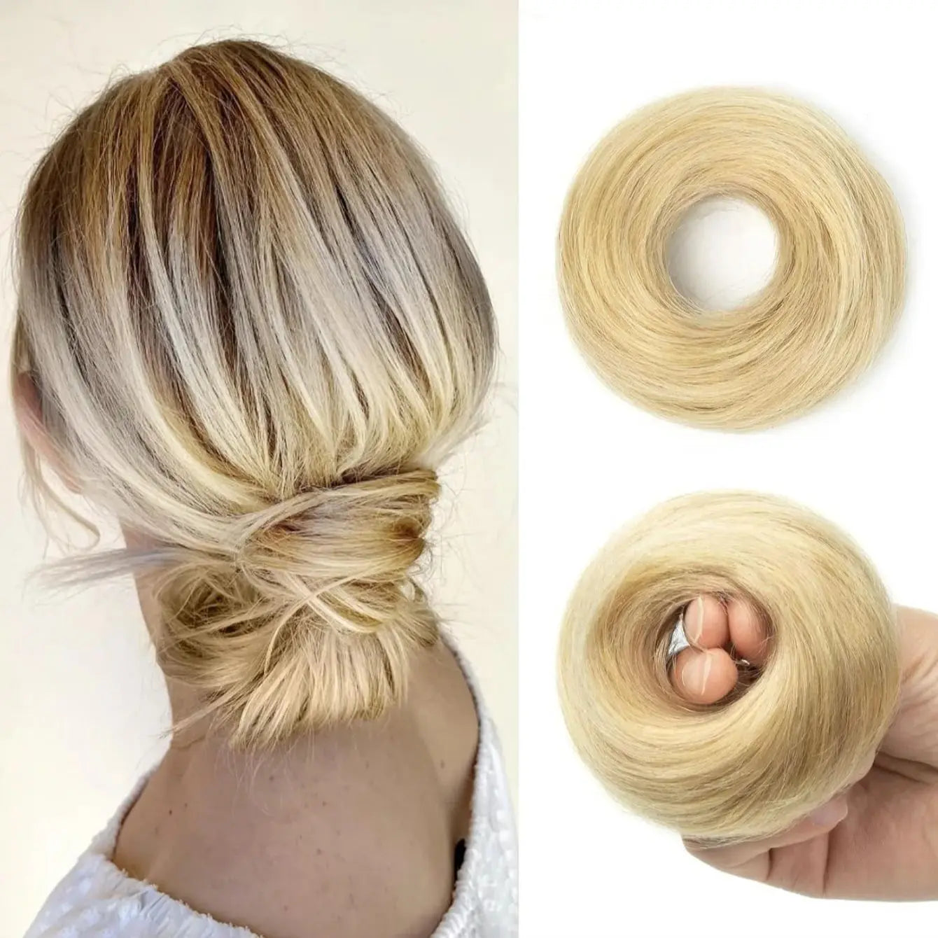 Messy Bun Hair Piece Human Hair Natural Black Wavy Tousled Stretchy Fluffy Donut Updo Elegant Chignon with Elastic Rubber Band