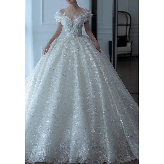 2024 New Luxury Wedding Dress The Shoulder V-neck Sexy Lace Applique Princess Wedding Gown With Pearls Vestido Noiva Customized