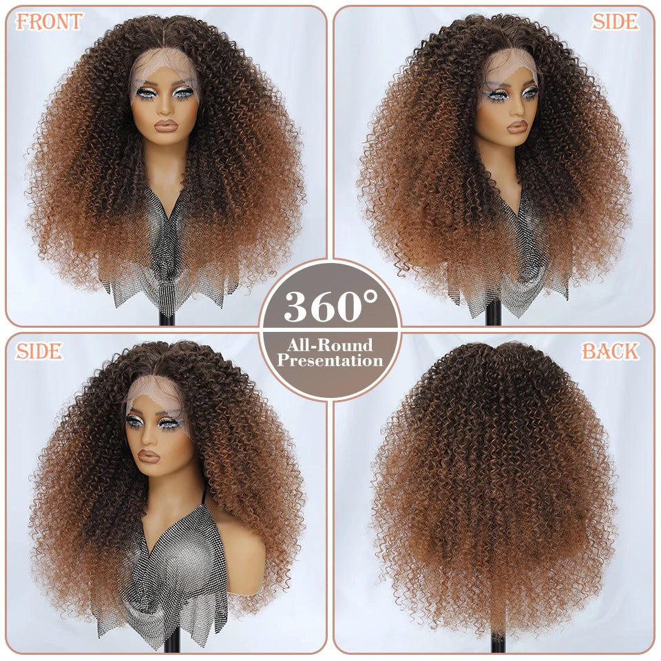Long Afro Kinky Curly Synthetic Wig 24 Inch Jerry Curl Deep Part Lace Front Wigs For Female Ombre Blue Copper 613 Highlight Wigs