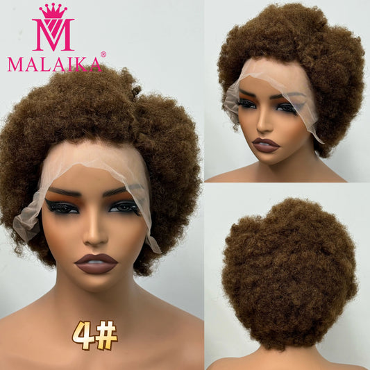 MALAIKA Kinky Curly Short Lace Front Wig 4#Brow Afro Bob Human Hair Natural Hairline 13X4 Lace Frontal Glueless Human Hair Wigs