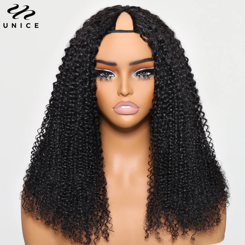 UNICE Hair Kinky Curly V Part Wig 100% Human Hair Upgrade U Part Wig No Leave Out EasiContou V Part Wig With Elastic Drawstring
