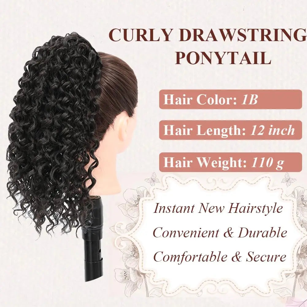 Drawstring Ponytail Kinky Curly Ponytail Deep Wave 100% Human Hair Ponytails 16 Inch Clip on Ponytails For Black Women #1B