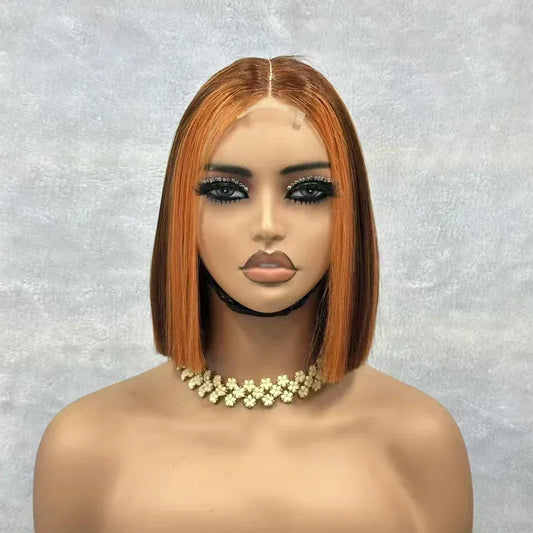 2x6 Lace Closure Bob Wigs Honey Brown Color Vietnam Raw Bone Straight Human Hair Short Bob Glueless Wigs for Women 180% Density