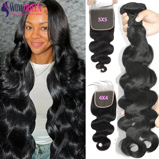 Body Wave Bundles With Closure 4x4 5x5 Hair Weave 3/4 Bundles With Closure 100% Human Hair Bundles Extensions With Lace Closure