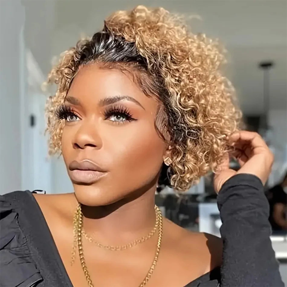 Pixie Cut Wig Kinky Curly Human Hair Wig Honey Blonde Burgundy Colored Short Curly Bob Wigs Pre plucked 13x1 Lace Frontal Wigs