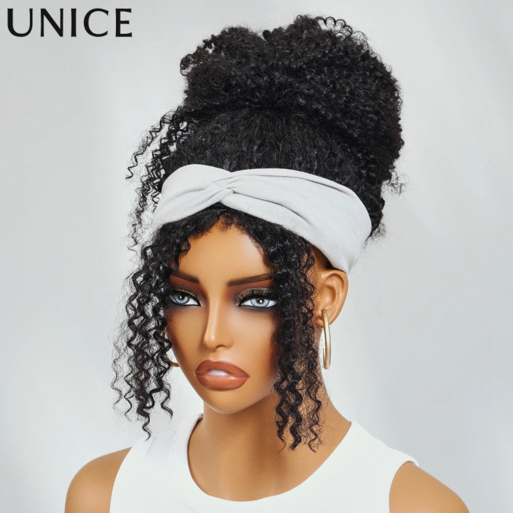 UNice Hair New 4C Blend Edges Kinky Curly Half Wigs With Drawstring 100% Human Hair Glueless Flip Over Wig No Leave Out